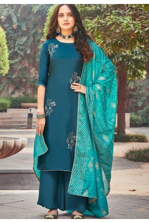 blue art silk khatli embroidered palazzo suit 1402