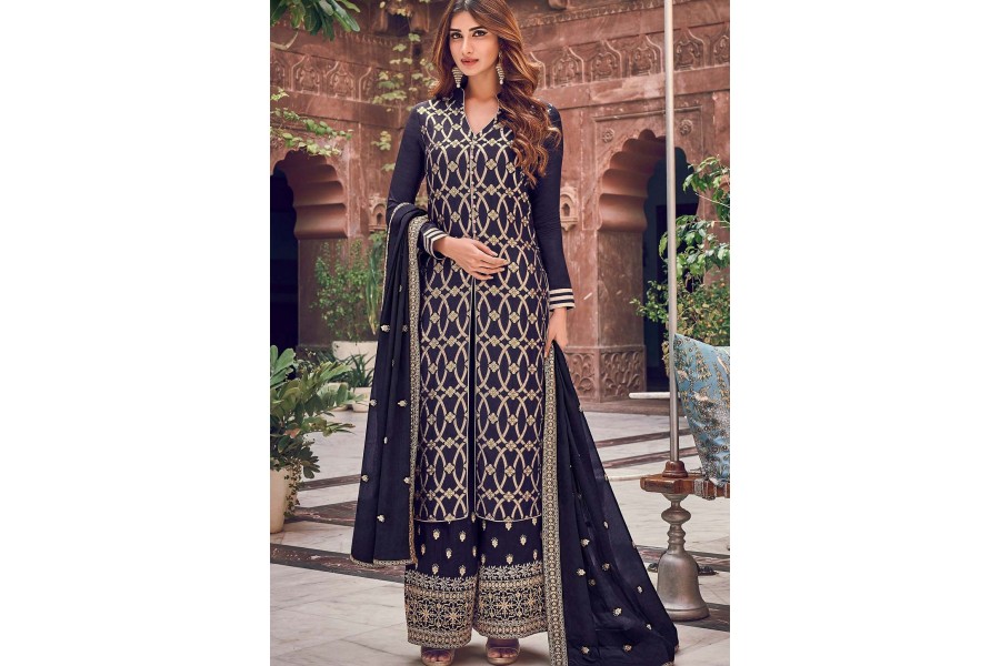 Orange Color Jacquard Embroidered Palazzo Style Suit main image 1