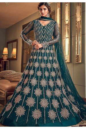 blue net embroidered floor length anarkali suit 6502