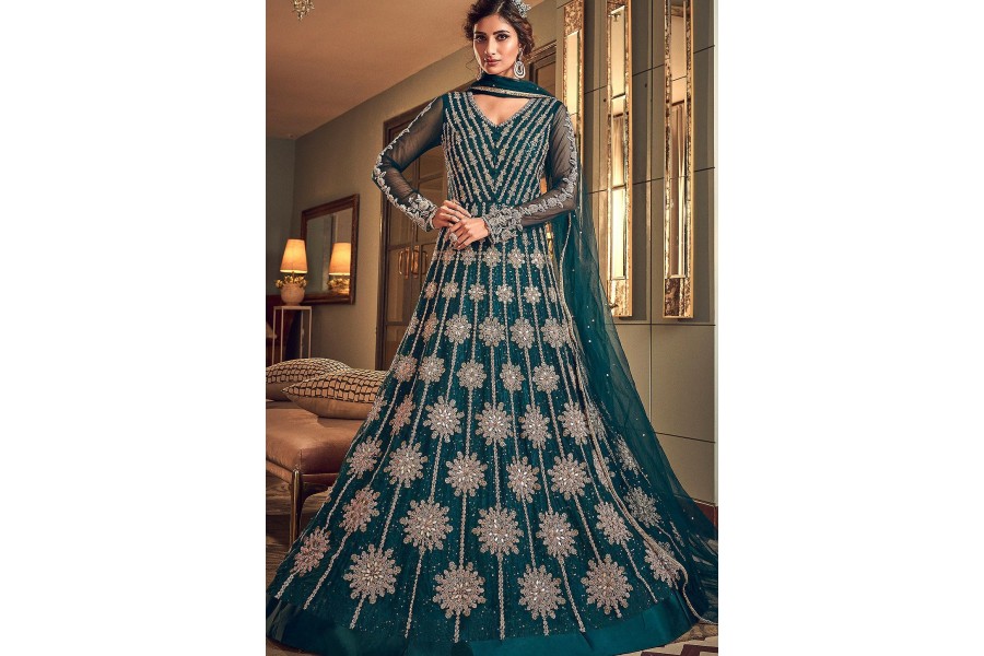 Blue Net Anarkali Suit