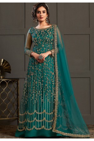 blue net embroidered long abaya suit 4595