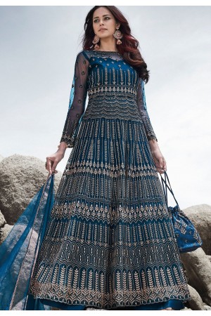 blue net embroidered long anarkali suit 83004