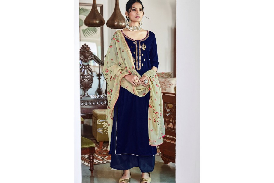 Navy Blue Velvet Straight Palazzo