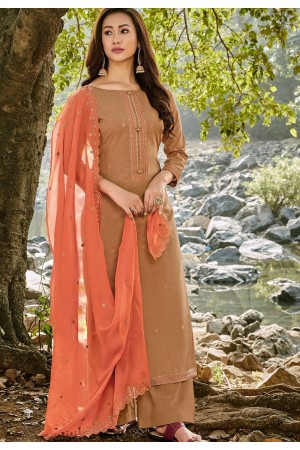 brown cotton chanderi straight palazzo suit 1177