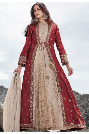 cream maroon silk embroidered long jacket style anarkali suit 83003