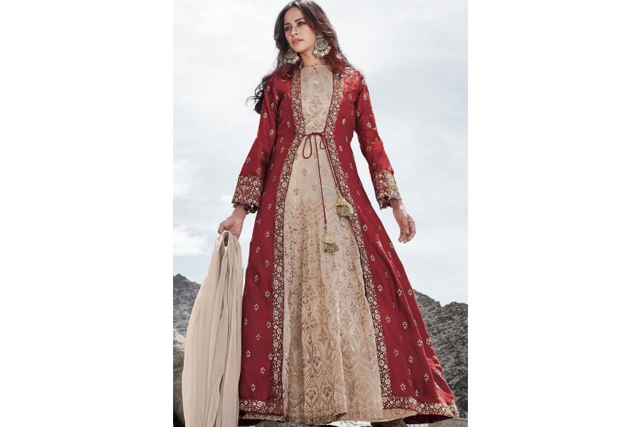 cream maroon silk embroidered long jacket style anarkali suit 83003