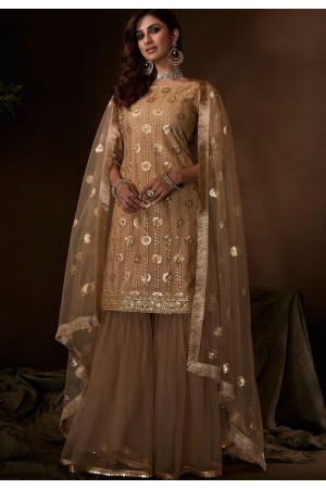 dark beige embroidered sharara pakistani style suit 4209