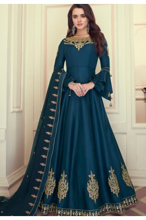 dark blue art silk embroidered long anarkali suit 9073