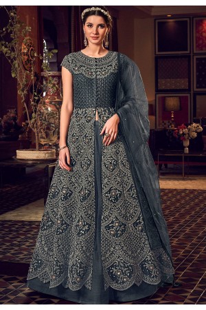 dark grey net embroidered floor length lehenga anarkali suit 6508