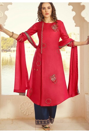 dark pink art silk embroidered palazzo suit 11004