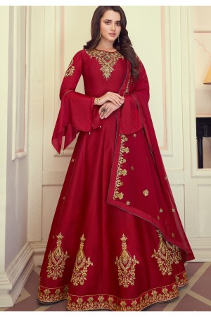 dark red art silk embroidered long anarkali suit 9072