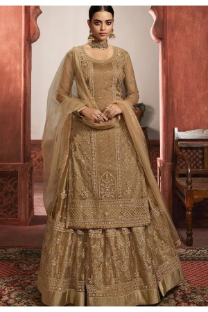 golden net embroidered lehenga style suit 6104