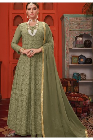 green georgette embroidered front slit long anarkali suit 1003