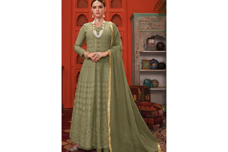 Soft Green Anarkali Style Front Slit Palazzo Style Suit main image 1