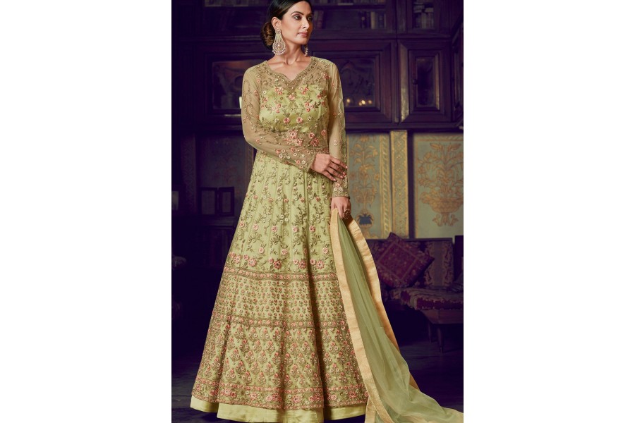 Bottle Green Net Abaya Style Heavy Embroidered Anarkali Suit