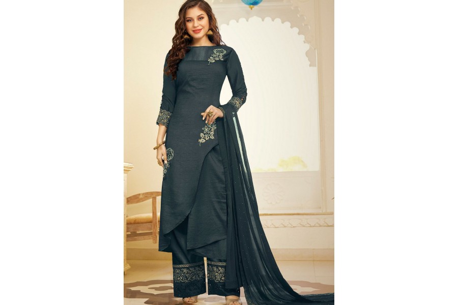 Women Mustard Roman Silk Embroidered Palazzo Suit