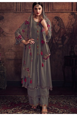 grey georgette embroidered palazzo suit 8905