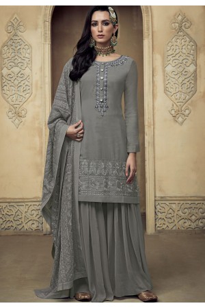 grey georgette embroidered sharara pakistani suit 8101