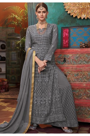 grey georgette embroidered side slit straight suit 1005