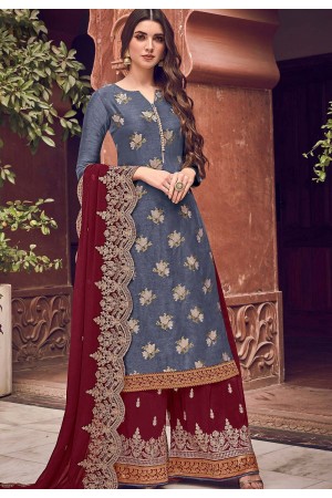 grey maroon jacquard embroidered palazzo suit 6701