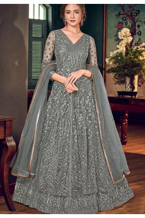 grey net embroidered lehenga style anarkali suit 4556b