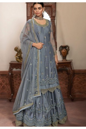 grey net embroidered lehenga style suit 6102