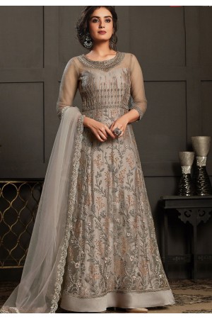 grey net embroidered long anarkali suit 4593