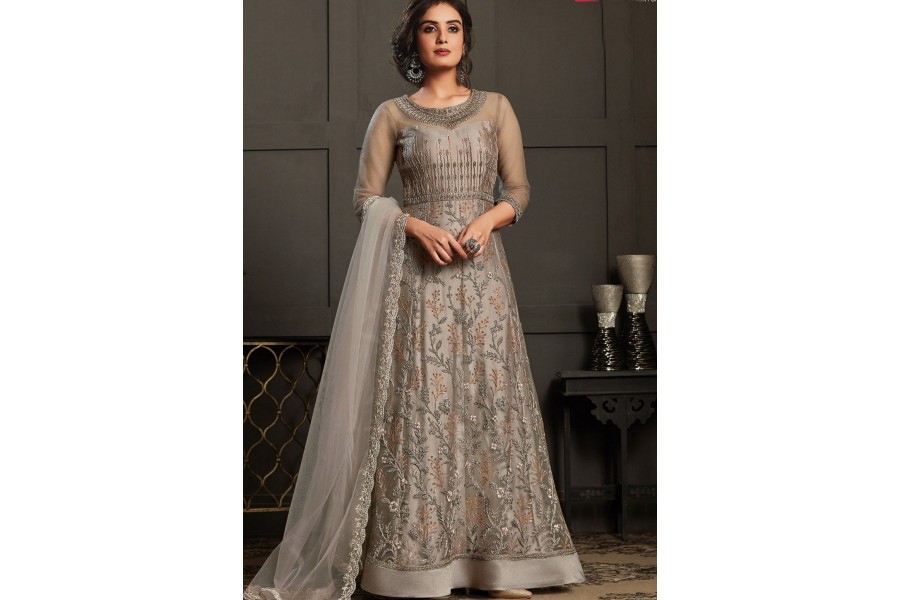 Grey Heavy Butterfly Net Pant Anarkali