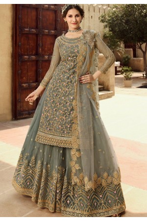 grey net embroidered sharara style suit 15030
