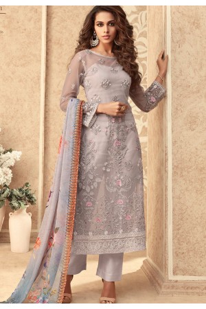 grey net embroidered straight trouser suit 36001