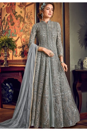 grey net embroidered wedding anarkali suit 4554c