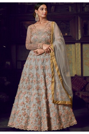 grey net silk embroidered heavy anarkali suit 10044