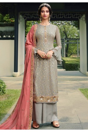 grey viscose silk embroidered palazzo suit 18094