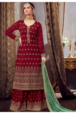 maroon georgette embroidered palazzo suit 6165