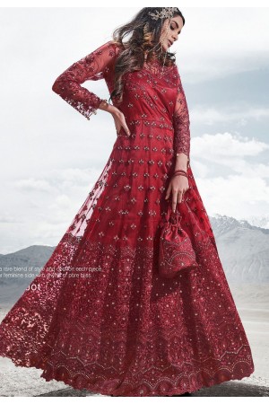 maroon net embroidered floor length anarkali suit 83001