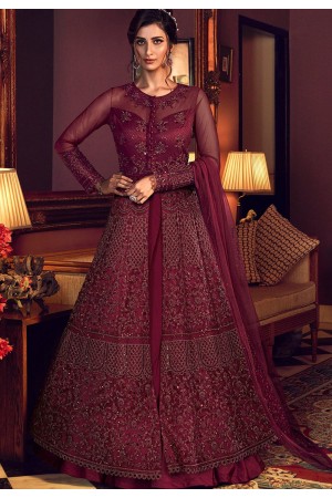 maroon net embroidered floor length lehenga anarkali suit 6510