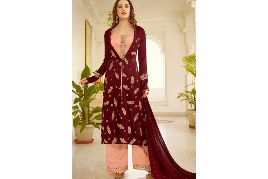 Maroon Designer Style Embroidered Palazzo Style Dress main image 1