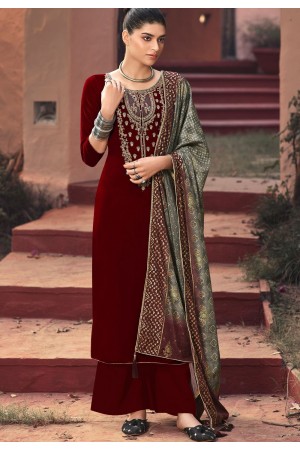 maroon velvet embroidered palazzo suit 9004