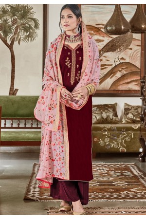 maroon velvet embroidered palazzo suit 9104