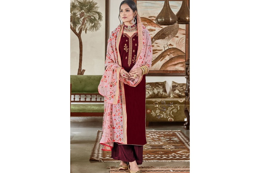 Women Brown Velvet Embroidered Palazzo Suit main image 1