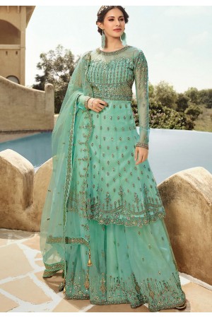 mint blue net embroidered sharara style suit 15032