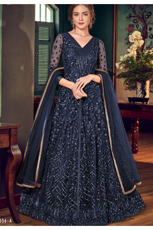 navy blue net embroidered lehenga style anarkali suit 4556a