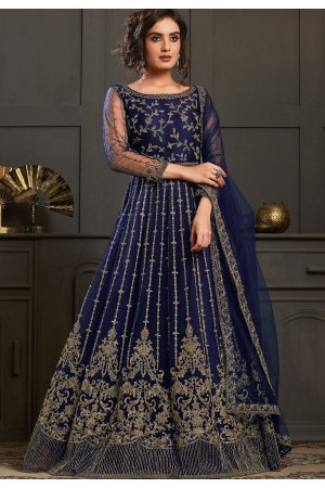 navy blue net embroidered long anarkali suit 4591