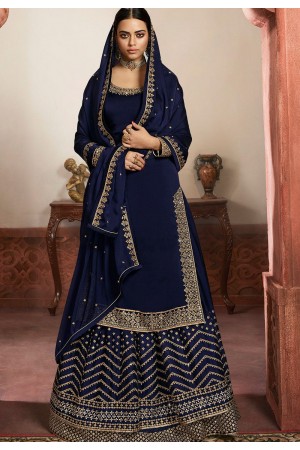 navy blue silk embroidered lehenga style suit 6103