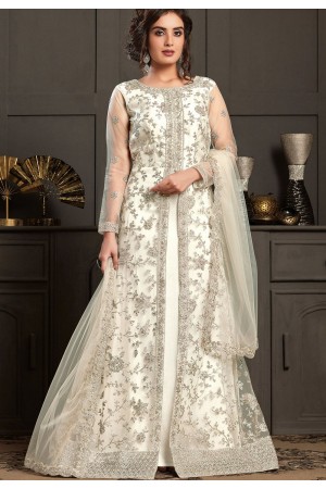 off white net embroidered front slit anarkali suit 4597