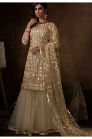 off white net embroidered sharara pakistani style suit 4207