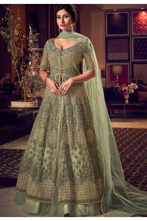 pastel green net embroidered floor length lehenga anarkali suit 6511