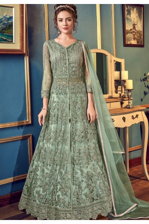 pastel green net embroidered lehenga style anarkali suit 4557a