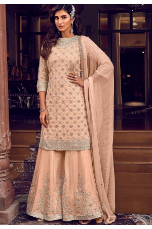 peach georgette embroidered pakistani palazzo suit 6608