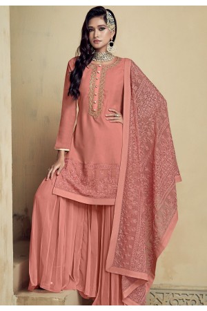 peach georgette embroidered sharara pakistani suit 8105